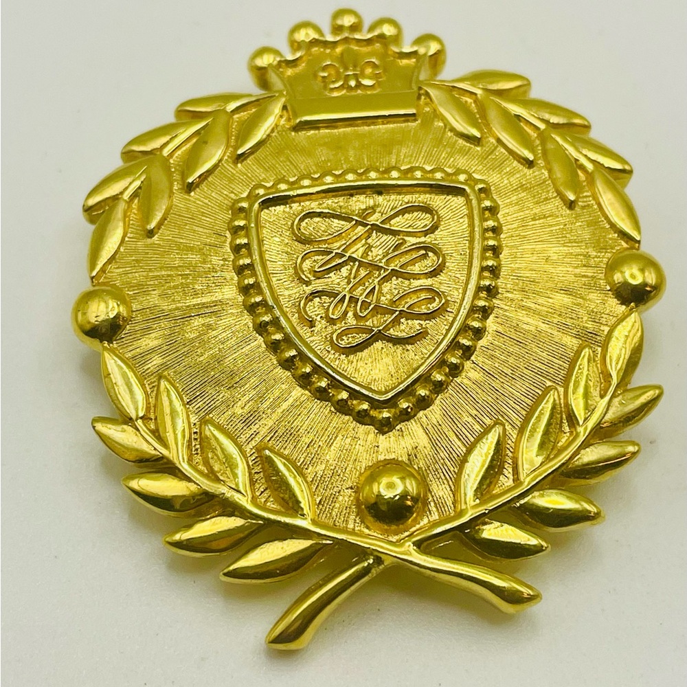 Vintage Gold Tone Shield Crest Brooch Pin with Crown and Laurel Wreath